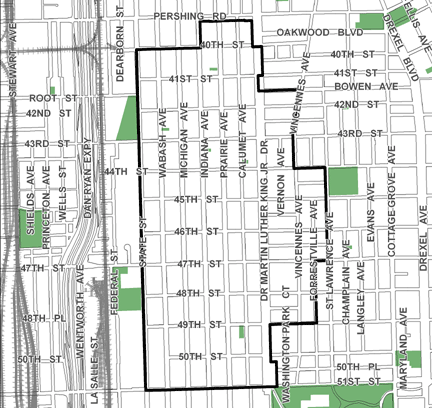 47th/King TIF district, roughly bounded on the north by Pershing Road, 51st Street on the south, St. Lawrence Avenue on the east, and State Street on the west.